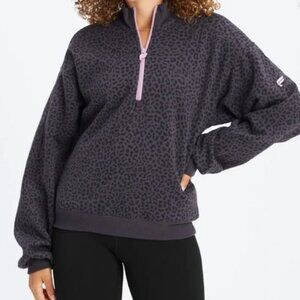 Fabletics Forever Fleece Lined 1/2 zip Comfy Leopard Gray Sweatshirt Small